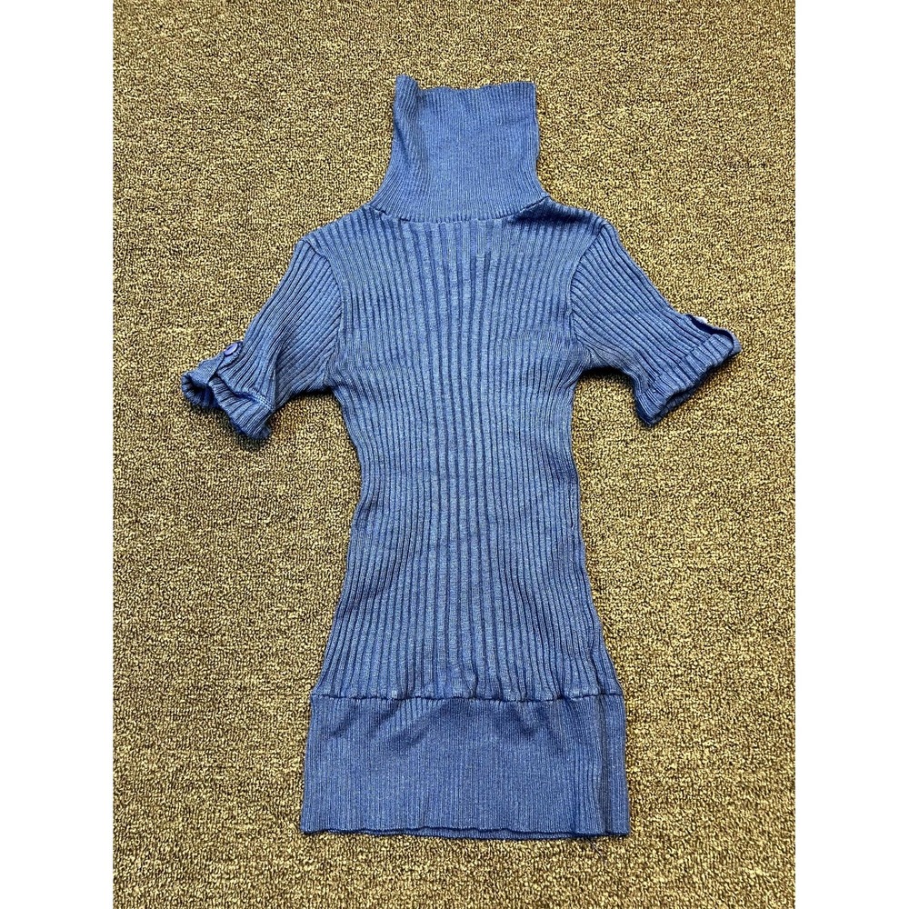 New York Yoki Sweater Women Blue Ribbed Knit Short Sleeve Turtleneck Warm Winter